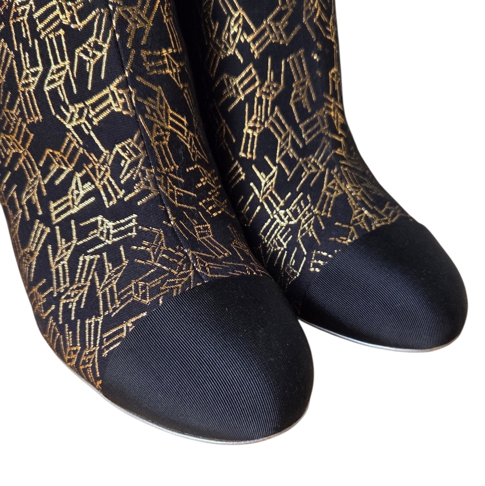 CHANEL CC Logo Cap Toe Ankle Boots With Metal Ruler Heels Gold Chair Print 37.5 - Picture 4 of 16